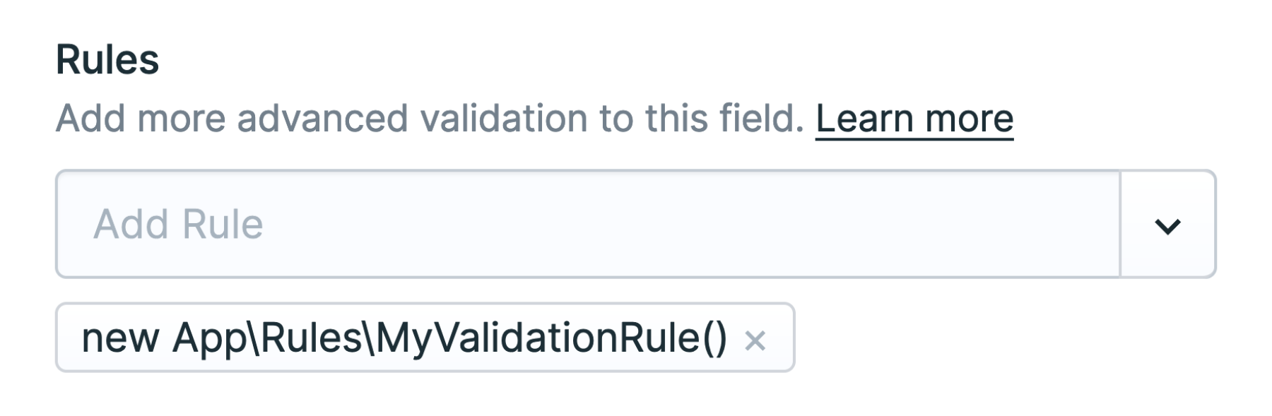 Adding the MyValidationRule to the Rules configuration within the Statamic CP.